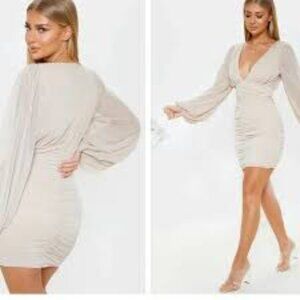 Pretty Little Thing Stone Mesh Ruched Balloon Sleeve Bodycon Dress US 0